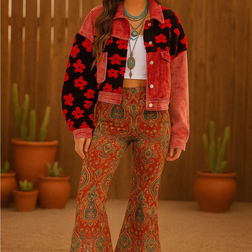 Boho Long Sleeve Button Closure Front Pockets Sherpa Corduroy Jacket